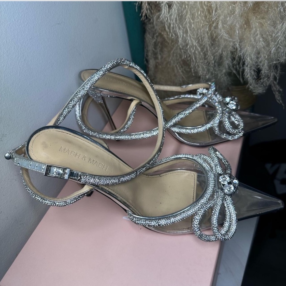 MACH & MACH Strass Double Bow Clear Ankle-Strap Pumps